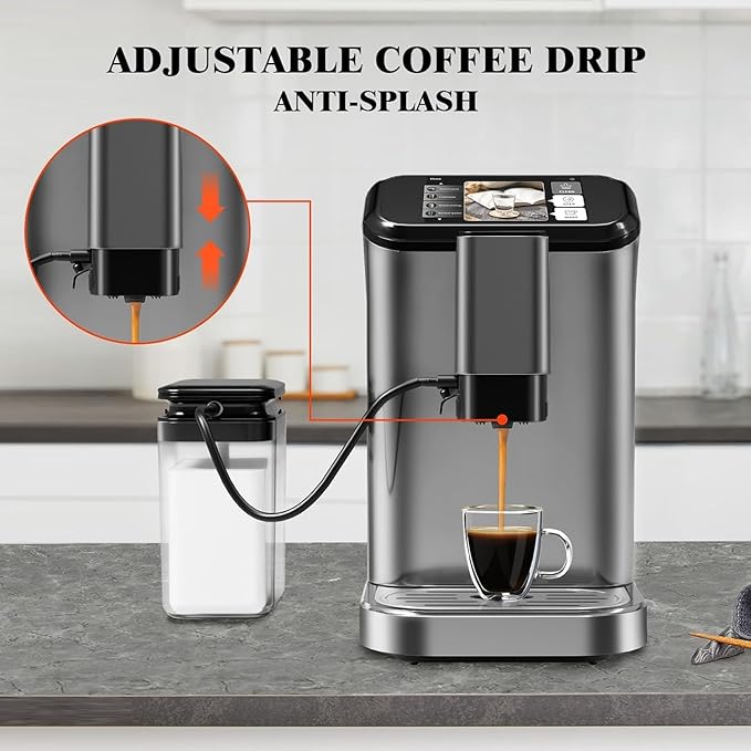Fully Automatic Espresso Coffee Machine With Touch Screen20 Bar Espresso Machine With Automatic Milk Frothing and Adjustable Espresso Bean Grinder 1.5L Serve Coffee Maker for Home