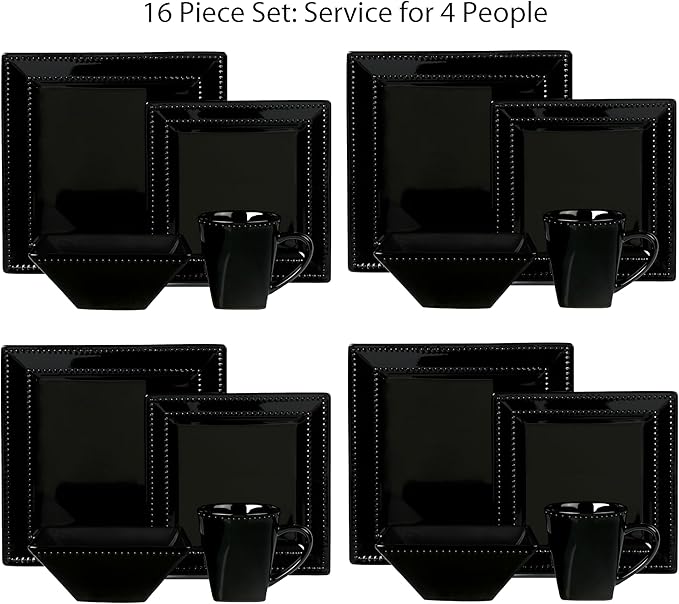 16 Piece Square Beaded Stoneware Dinnerware set by Lorren Home Trends Black