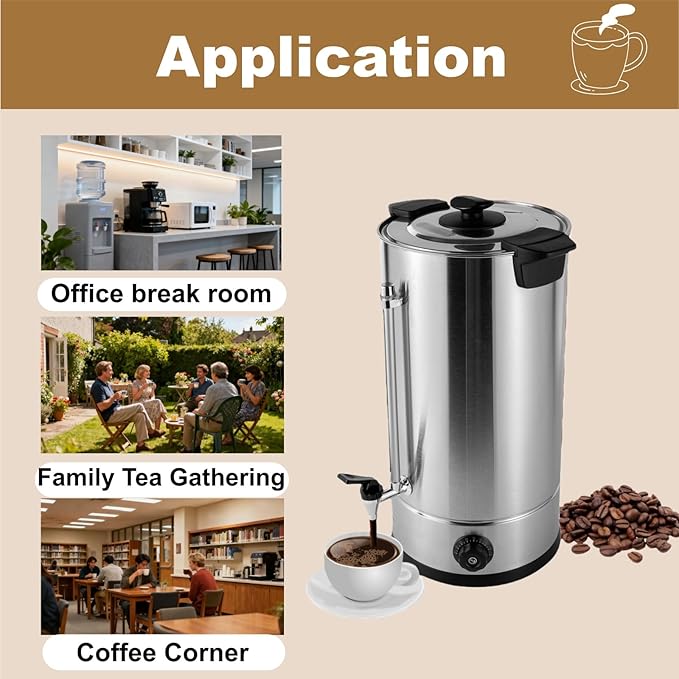 16L Coffee Maker Stainless Steel 100-Cup Large Commercial Coffee Machine Quick Brew 30-100℃ Double Wall Cafe Percolator Hot Water Urn for Catering Offices Church