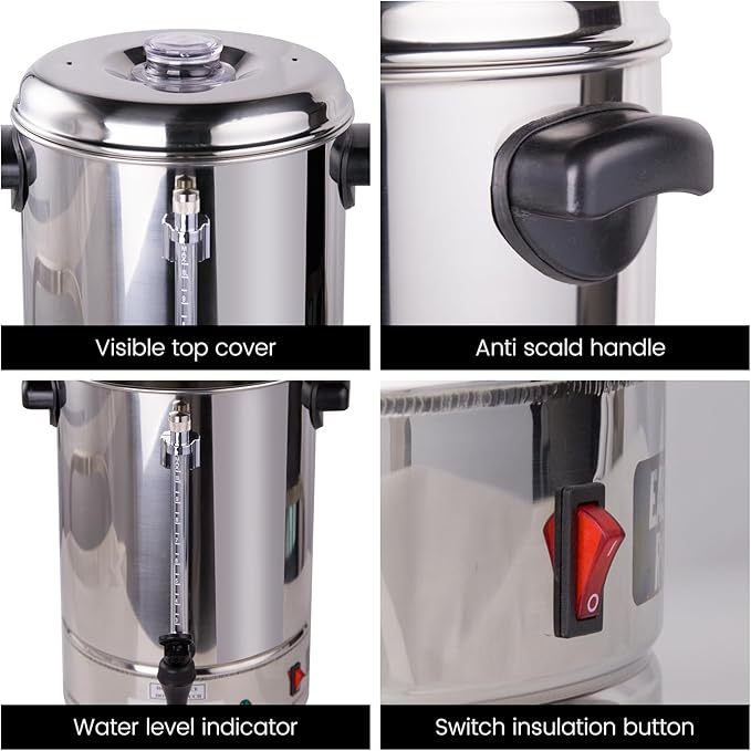 Commercial Coffee Urn 40-Cup (6.3 Qt) 1250W Stainless Steel Percolator with Removable Filter &amp Automatic Keep-Warm Function for Office Party &amp Catering Use