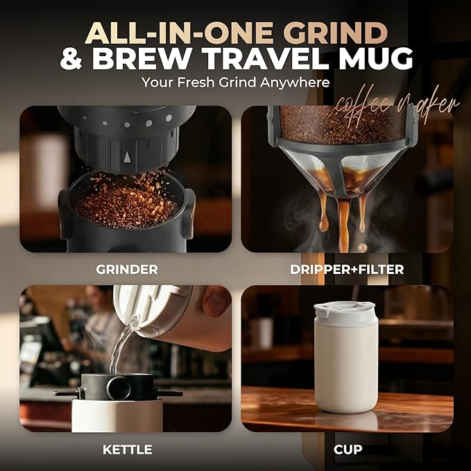 HAUSHOF Portable Coffee Maker Travel Coffee Maker Battery Operated Small Pour Over Set Compact Coffee Maker with Electric Grinder &amp Insulated Mug for Travel Camping Car