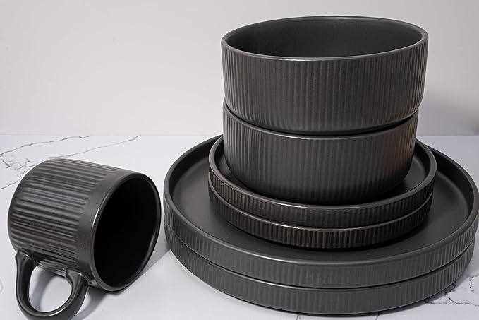 16 Piece Dinnerware Set Key West - Plates Bowls and Mugs Set for 4 - Chip and Scratch Resistant Microwave and Dishwasher Safe Tableware 16 Pieces Ribbed Dishes
