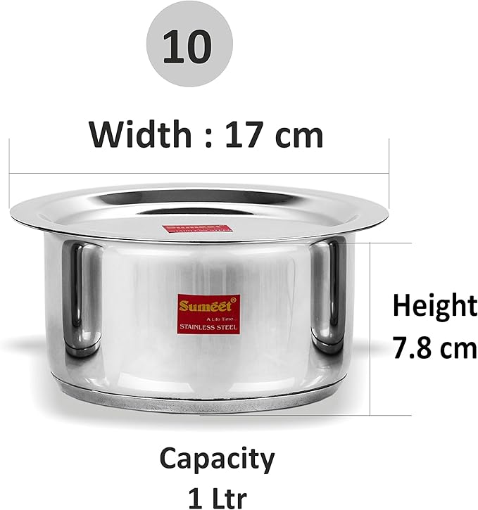 Sumeet Stainless Steel Induction Bottom (Encapsulated Bottom) Induction &amp Gas Stove Friendly Container/Tope/Cookware With Lid Size No.10 (1 Ltr)