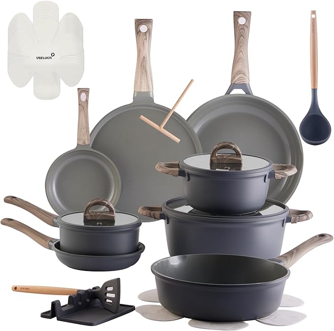 22Pcs Pots and Pans Set Non Stick Non-Toxic Ceramic Cookware Sets Nonstick Kitchen Pot and Pan Set With Lid Gray Granite Induction Compatible with Glass Lids 10 Griddles Frying Pan PFOA/PFOS-Free