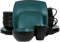 16pc Square Stoneware Dinnerware Set in Teal Green Solid Casual 16 Piece Microwave Safe