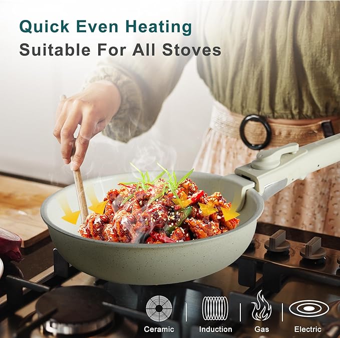 DUMOS 12 Pcs Pots and Pans Set Nonstick Kitchen Cookware Set Induction Cooking Sets Detachable Handle Beige