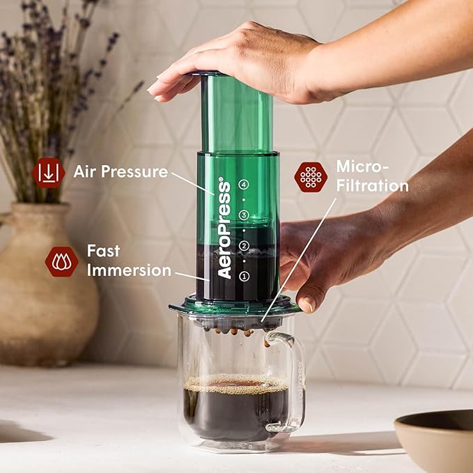 AeroPress Clear Green Coffee Press - All-in-One French Press Pour-Over &amp Espresso Style Manual Brewer 2 Min Brew for Less Bitterness More Flavor Small Portable Coffee Maker Travel &amp Campi