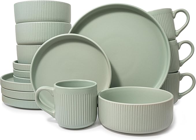 16 Piece Dinnerware Set Key West - Plates Bowls and Mugs Set for 4 - Chip and Scratch Resistant Microwave and Dishwasher Safe Tableware 16 Pieces Ribbed Dishes