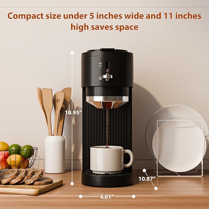 WAA 2-in-1 Single Serve Coffee Maker for Both Capsule &amp Ground Adjustable Funnel 6-14oz Brew One-Touch Switch Safe &amp Easy Clean Perfect for Home/Office.