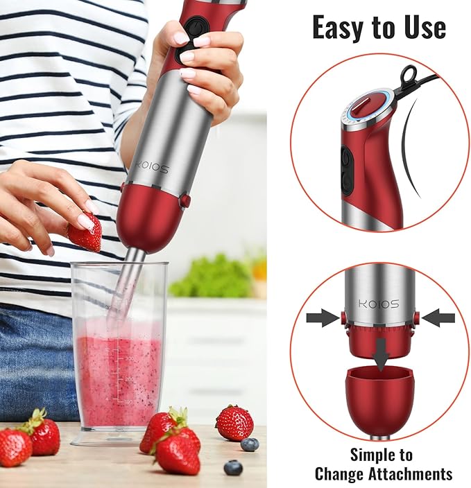 KOIOS 5-in-1 Hand Immersion Blender 1000W 12 Speed Handheld Blender Stick with Copper Motor Stainless Steel Blade 600ml Mixing Beaker500ml Food Processor Whisk Milk Frother Non-BPA Red