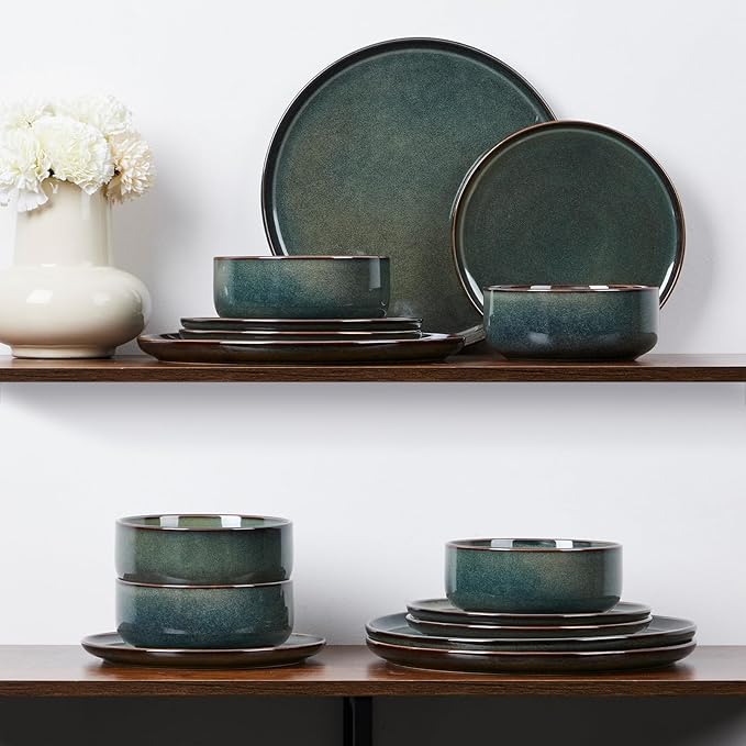 E-far 6-Piece Plates and Bowls Set Stoneware Dinnerware Sets for 2 Ceramic Dishes Reactive Glaze Dinning Ware Microwave &amp Dishwasher Safe - Obsidian Green
