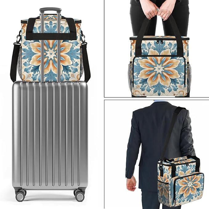 Retro Floral Design Coffee Maker Travel Bag for Keurig K-Mini/K-Mini Plus Insulated Waterproof Tote with Pockets for K-Cup Portable Single-Serve Brewer Case
