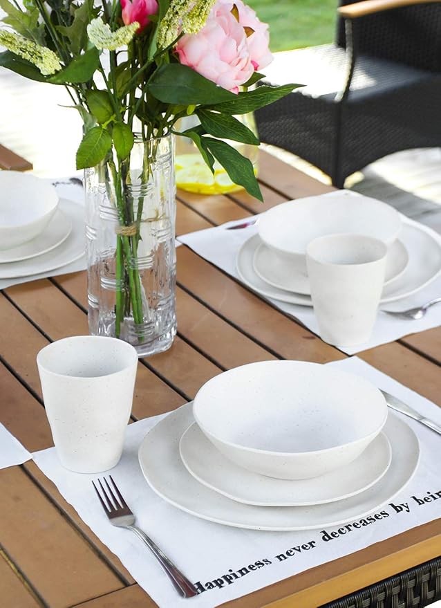 Morgiana Bamboo Dinnerware Set 8-Pieces Reusable Tableware Set Eco-Friendly Bamboo Fiber Plates Cups Bowls for 2 Person (White)