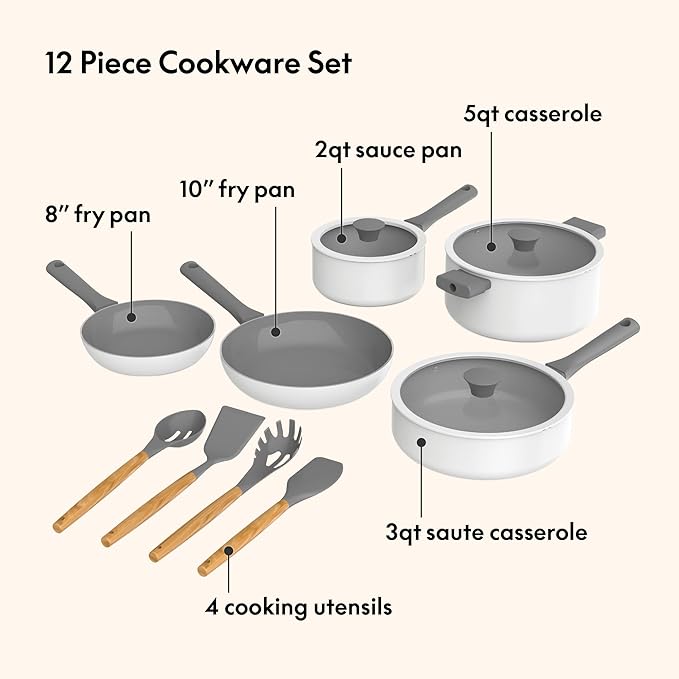 So Yummy by bella 12 Piece Cookware Set w EverGood™ Ceramic Nonstick Coating and Silicone &amp Wood Utensils Dishwasher Safe Silicone &amp Glass Lids Oven Safe &amp All Stovetop Compatible Fros