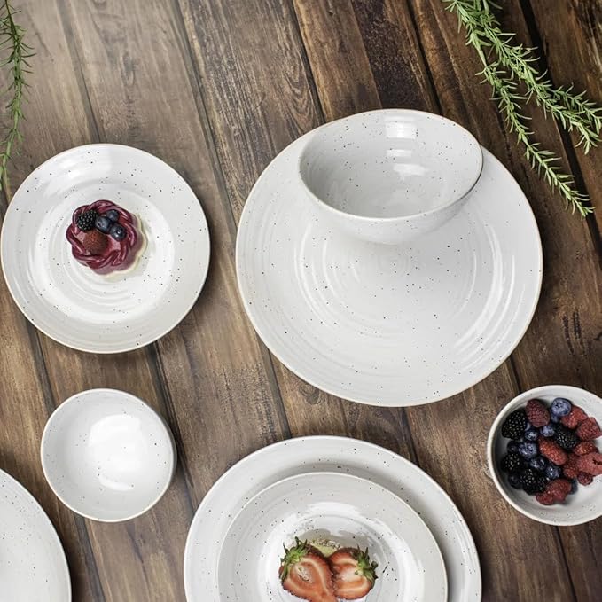 Sango Siterra 16-Piece Rustic White Stoneware Dinnerware Set – Service for 4 White with Glossy Speckle Overlay for Everyday Dining &amp Entertainment Microwave &amp Dishwasher Safe