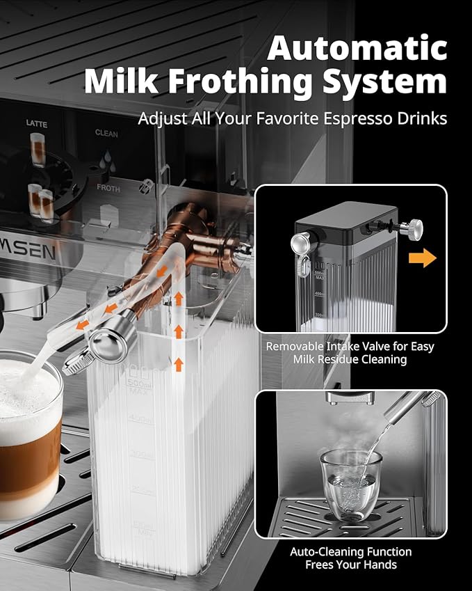 AIRMSEN 20 Bar Espresso Machine with Automatic Milk Frother Cappuccino &amp Latte Coffee Maker with Quick Brew Dual Boiler (1350W + 1000W) Stainless Steel 60oz Water Tank Touchscreen