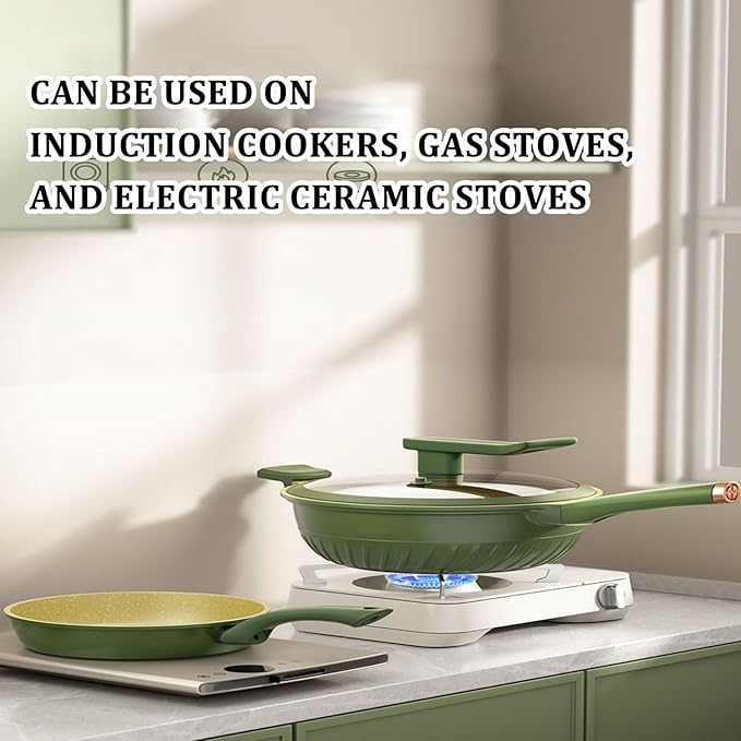 Pan Sets with Lid &amp Ladle Cooking Pots Nonstick Saucepans Cookware Set Small Kitchen Pot Induction Comptable Easy to Clean PFOA Free (Green)