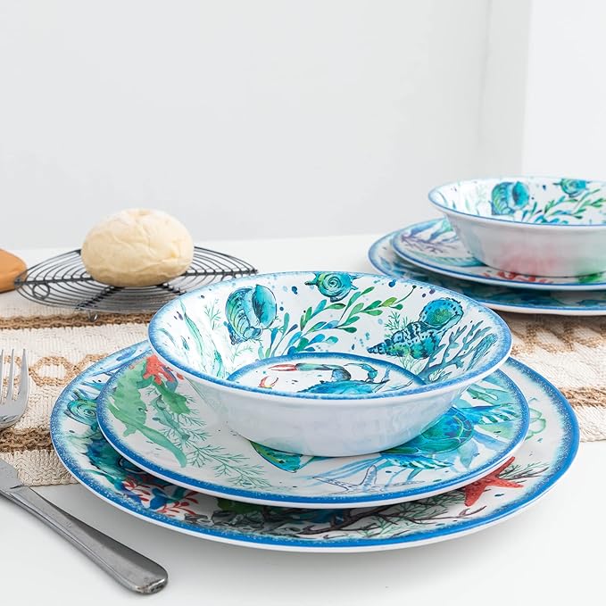 LEHAHA 12-Piece Melamine Beach Dinnerware Set Coastal Plates and Bowls Sets Oceanic Sea Life Dish Sets for 4 Great for Indoor Outdoor Dining on the Beach RV Camping or Cabin