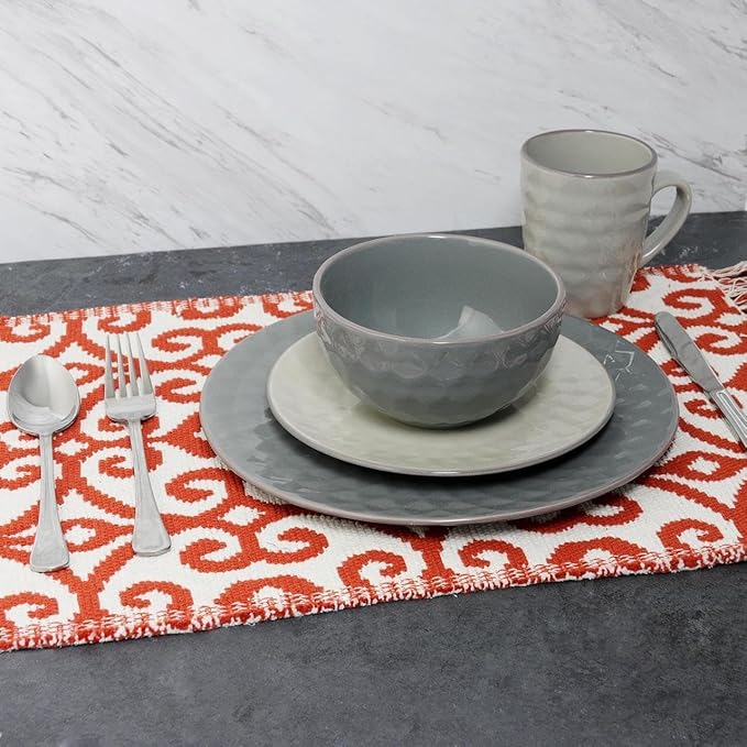 Luxurious 16 Piece Pearl Dinnerware Set - Stoneware Service for 4 Elegant Slate &amp Stone Finish Dishwasher &amp Microwave Safe Diamond Texture (Stone &amp Pearl)