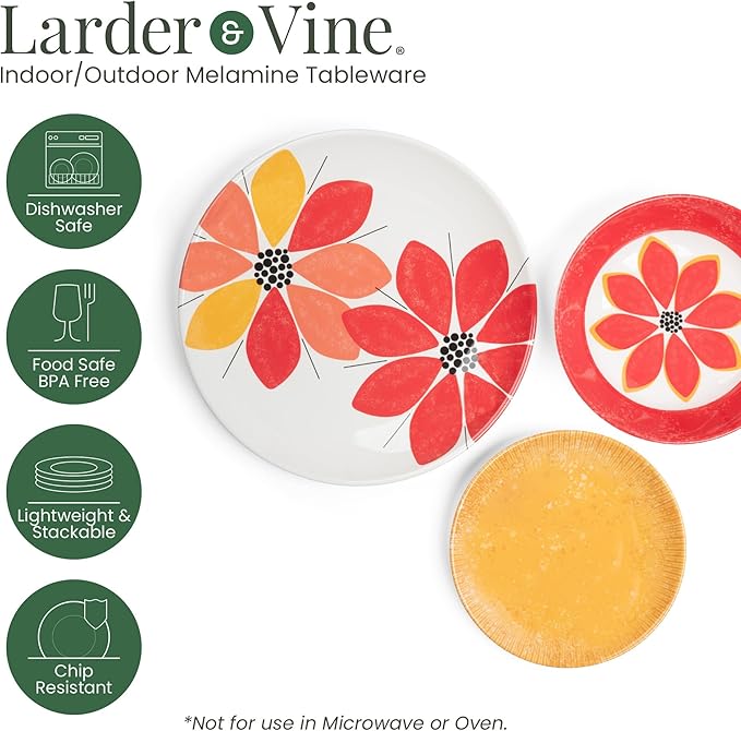 Larder &amp Vine 12-Piece Melamine Dinnerware Set: Durable Lightweight Break-Resistant Plates &amp Bowls – Stylish Non-Toxic Dishwasher Safe – Ideal for Everyday Use Indoor &amp Outdoor Dining