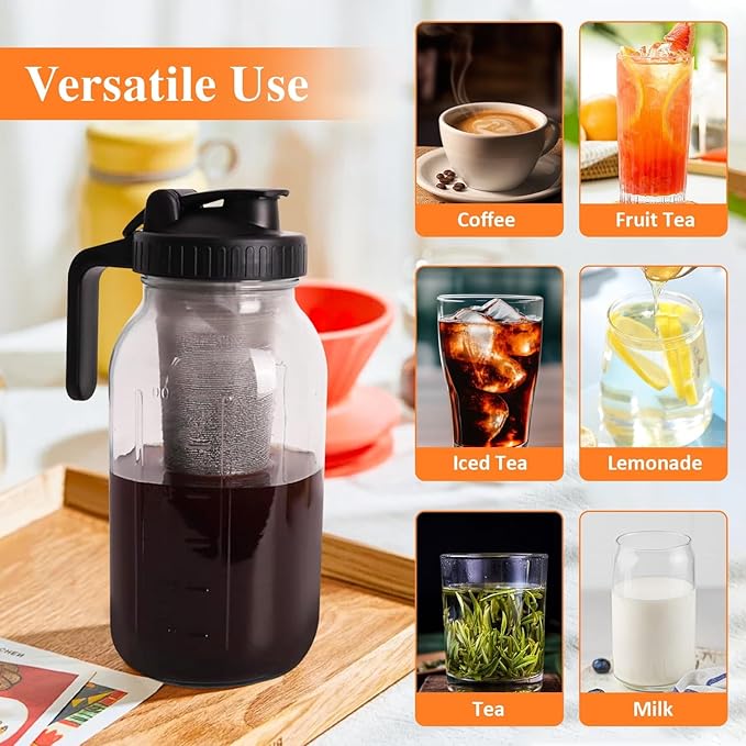 64oz Cold Brew Coffee Maker – Wide Mouth Mason Jar Pitcher with Stainless Steel Filter Pour Spout Lid &amp Handle Heavy Duty Airtight Glass for Iced Coffee Tea &amp Lemonade