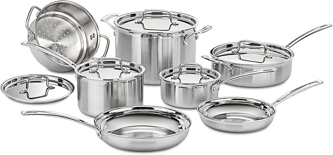 Cuisinart 12 Piece Cookware Set MultiClad Pro Triple Ply Silver MCP-12N and MCP33-30HN MultiClad Pro Triple Ply 5.5-Quart Saute Skillet Sauté Pan w/Helper &amp Cover