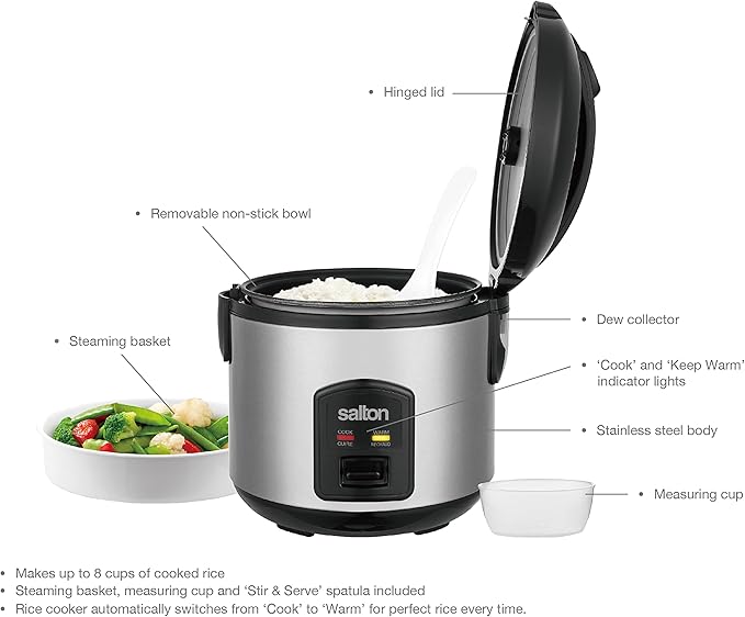 Salton 8 Cup Jar Style Automatic Rice Cooker with Food Steaming Basket Measuring Cup &amp Spatula Removable Non-Stick Cooking Bowl (RC2027)