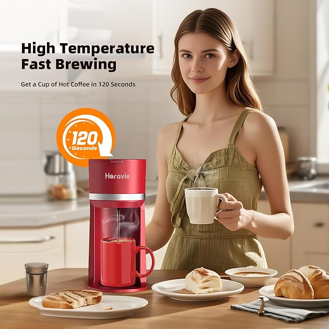 Mini Single Serve Coffee Maker for K Cup and Ground Coffee Fast Brew One Cup Coffee Machine with Descaling Reminder and Water Window 6 to 12 oz. Brew Sizes Red