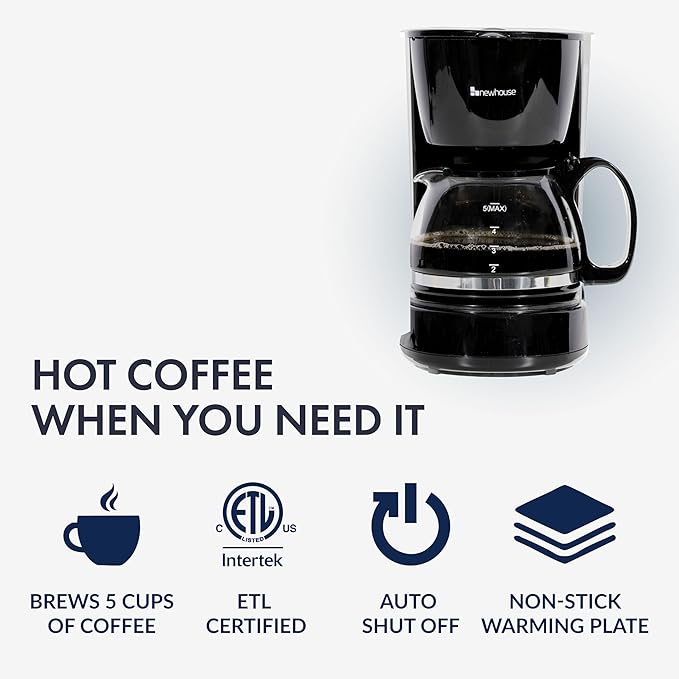 Newhouse Electric Coffee Machine NHCM-001-5 5-Cup Coffee Maker with Auto Shut Off Electric Pot with Metal Mesh Coffee Filter Basket ETL Certified for Hospitality and Residential Use