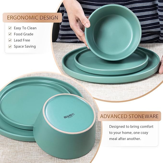 Plates and Bowls Sets for 4 - CJDC-QUELO 16 Piece Stoneware Dinnerware Sets with Mugs Ceramic Dishware Sets for Kitchen Dining Use Chip and Scratch Resistant Microwave Dishwasher Safe Green