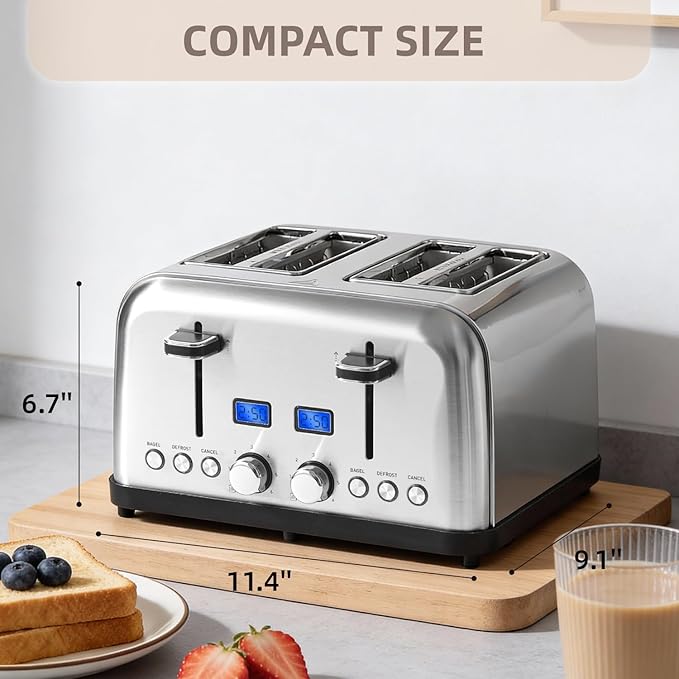 4-Slice Toaster with LCD Display Dual Control for Bagel 6 Shade Settings Extra Wide Slots Stainless Steel with High Lift Lever Removable Crumb Tray 1500W (Silver Metallic)