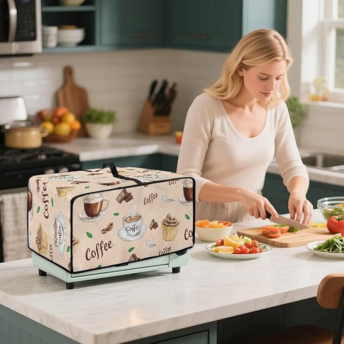 Rectangular Toaster Oven Cover Stain Resistant Washable Appliance Cover with Side Pockets Neat Storage and Protection for Kitchen Appliances Coffee Leaves