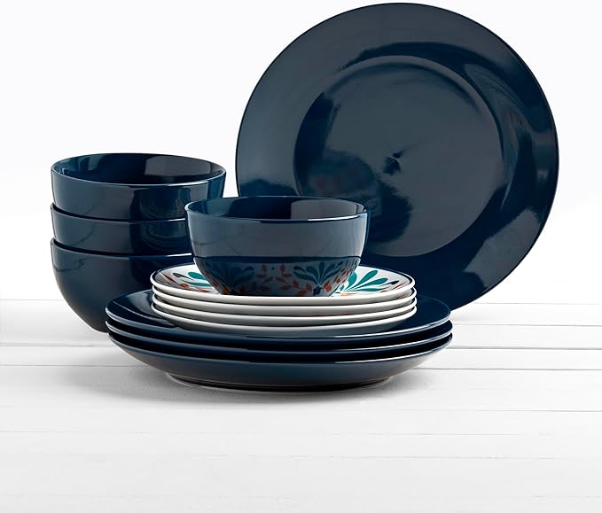 Tabletops Gallery 12-Piece Isabella Patterned Ceramic Dinnerware Set of Kitchen Dishes Dinner Plates Cereal Bowls Service for 4 Blue