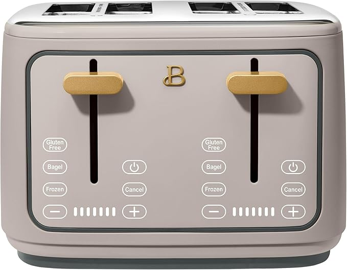 Toaster with Touch Activated Display by Drew BarrymoreExtra-Wide Slots 7 Settings Reheat Functions LED Countdown Timer (Porcini Taupe)