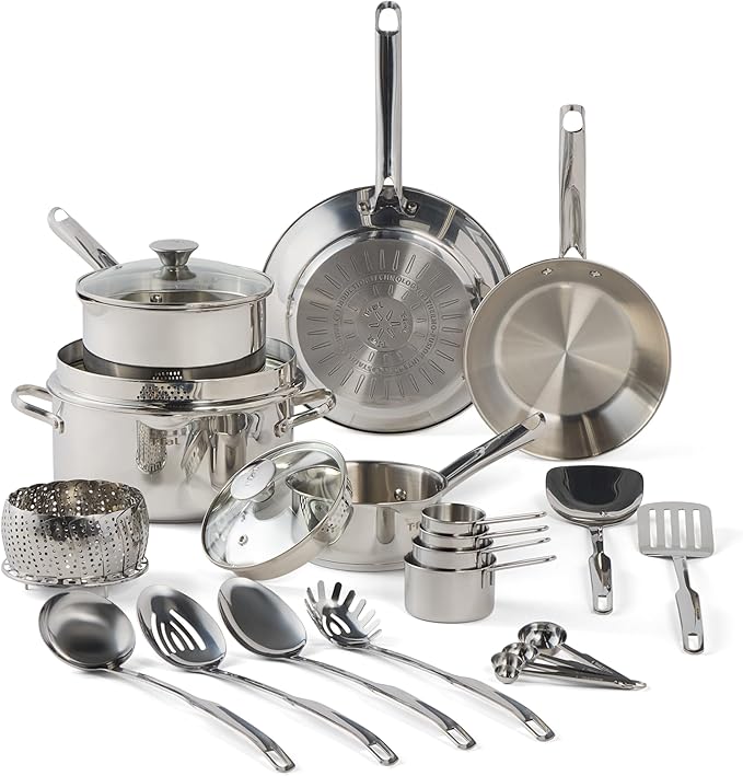 T-fal Gourmet Stainless Steel Cookware Set: 20-Piece Kitchen Essentials Induction Compatible Dishwasher Safe Oven Safe to 500F Durable Pots and Pans with Steamer for Versatile Cooking