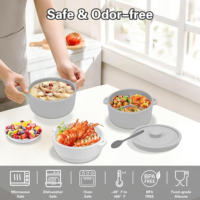 BestYiJo Microwave Rice Cooker 2-Layer Microwave Pasta Cooker and Steamer for Rice Vegetables Quinoa Oatmeal Ramen –Silicone Non-Stick(GREY)