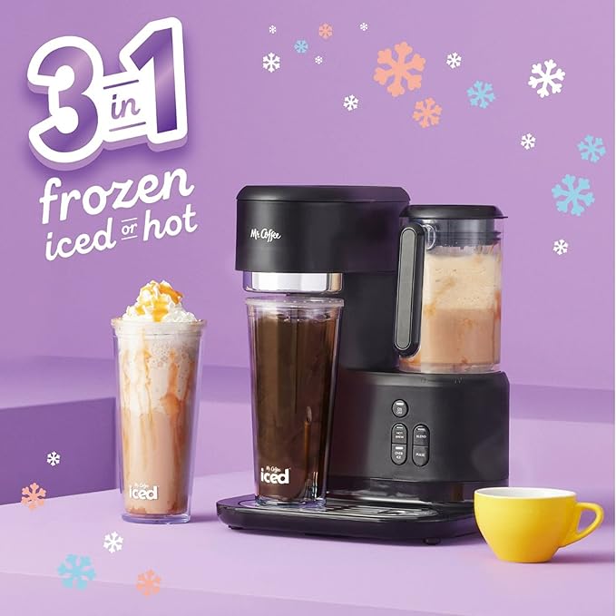 Mr. Coffee 3-in-1 Single-Serve Iced and Hot Coffee/Tea Maker with Blender with Reusable Filter Scoop Recipe Book 2 Tumblers Lids and Straws Black