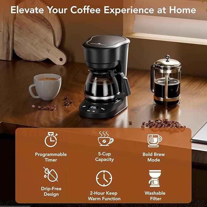 5 Cup Programmable Drip Coffee Maker 24H Delay Brew 2H Keep Warm &amp Auto Shut Off Pause &amp Serve Reusable Filter Glass Coffee Pot Small Coffee Machine for Home Office