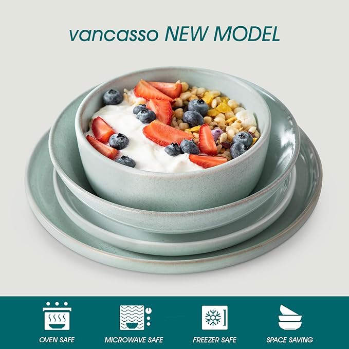 vancasso ANYA 24 Pieces Plates and Bowls Set Mint Green Dinnerware Sets Reactive Glaze Dishes Set for 6 Ceramic Dishware Sets Kitchen Dinner Set Microwave &amp Dishwasher Safe