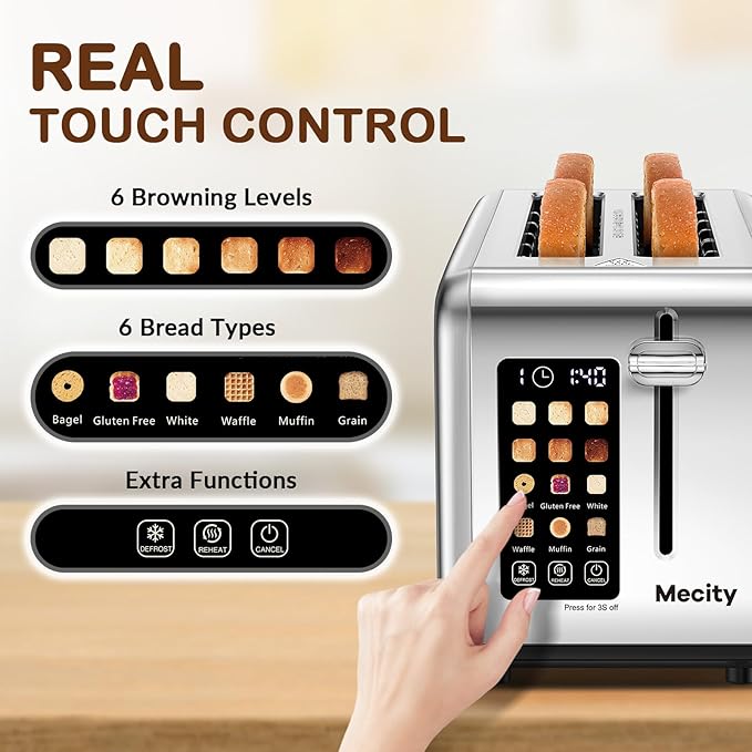 Mecity 4 Slice Toaster Touch Screen 1.5 Long Slot Stainless Steel Smart Bread Toaster for Bagel Muffin Waffle Gluten Free Breads Timer Defrost Reheat 120V 1400W