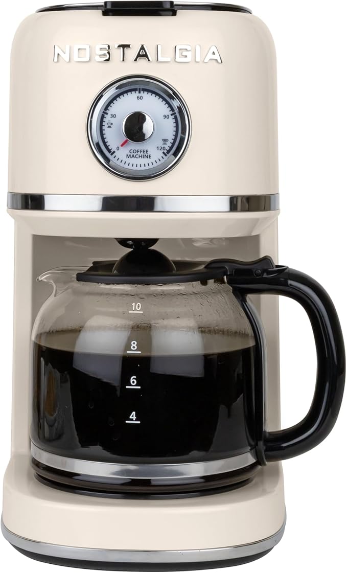 Nostalgia Classic Retro 10 Cup Coffee Maker - One-Touch Drip Brew Reusable Filter - Anti-Drip Auto Shutoff &amp Time Display - Dishwasher Safe 50 oz Carafe - Cream