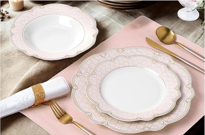 12-Piece Porcelain Dinnerware Set Blush Pink with Gold Trim 10.5/8.5/7.5 inch Plates[Sandra]