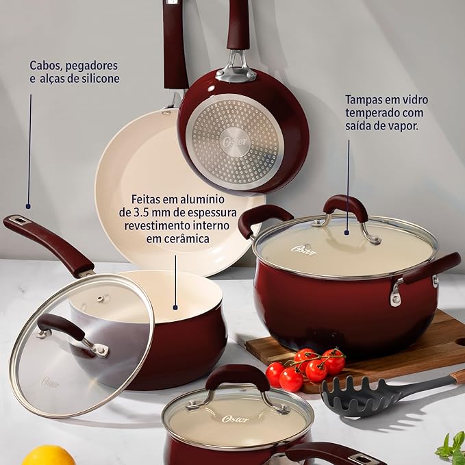 Oster Corbett 8 pc Gradient Red Forged Aluminum Cookware Set With Ceramic Non-stick - Induction Base - Soft Touch Bakelite Handle and Tempered Glass Lids