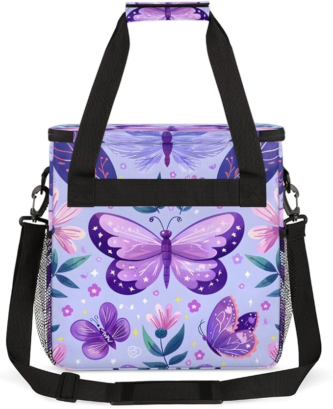 Purple Butterfly Travel Coffee Maker Carrying Bag Butterflies Rustic Floral Large Organizer Storage Tote Bag Insulated Reusable Cooler Lunch Bags