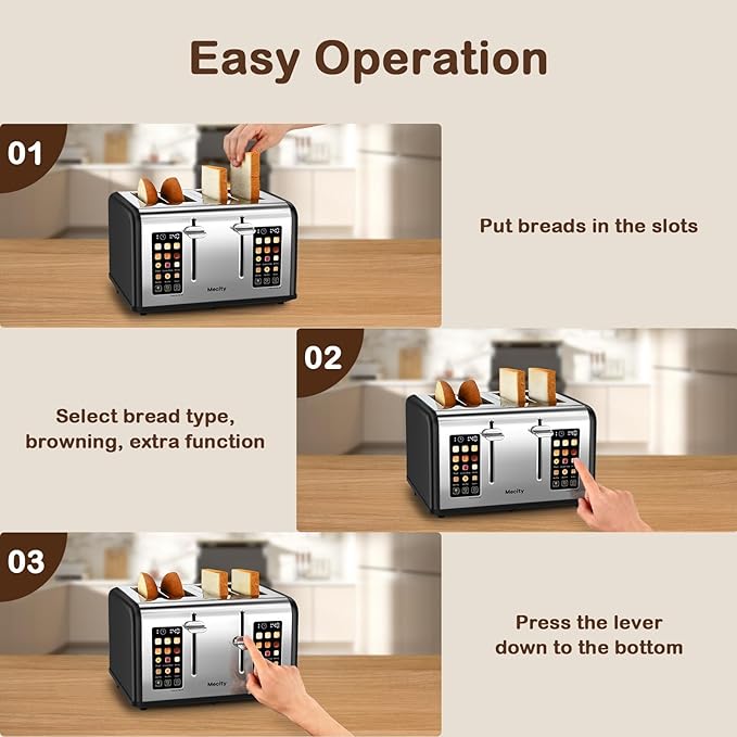 Mecity 4 Slice Toaster with Touch Screen Control 4 Wide Slots Stainless Steel Smart Bread Toaster for Bagels Muffins Waffles Dual Control Panel Timer Defrost Reheat 120V 1650W Matt Black