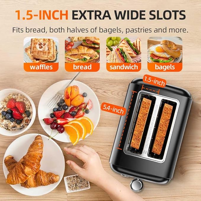 Black Toaster 2 Slice Extra Wide Slot Toaster for Bagels Bread Waffles 7 Shade Settings 4 Main Functions Removable Crumb Tray 900 Watts Toasters Black Stainless Steel