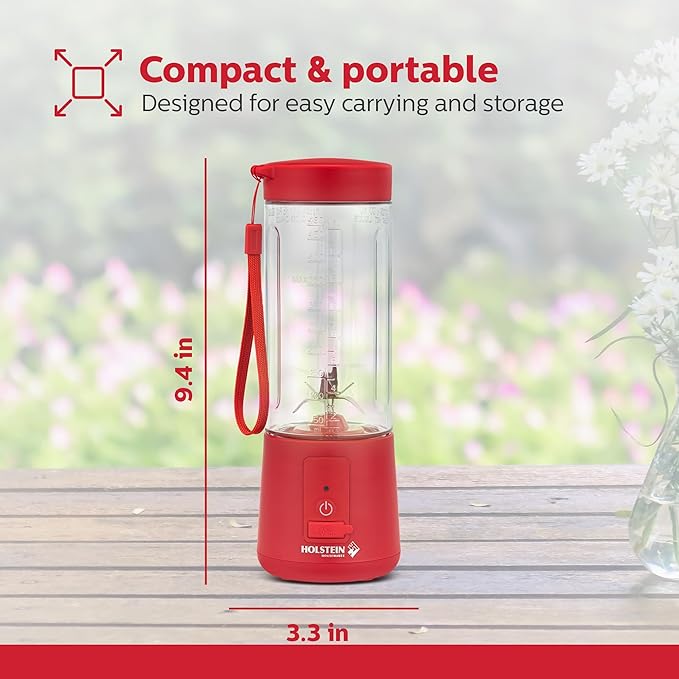 Holstein Housewares - USB Portable Blender 16oz Personal Smoothie &amp Shake Maker with Rechargeable Battery Type-C Fast Charging Spill-Free Lid &amp Indicator Light - Red