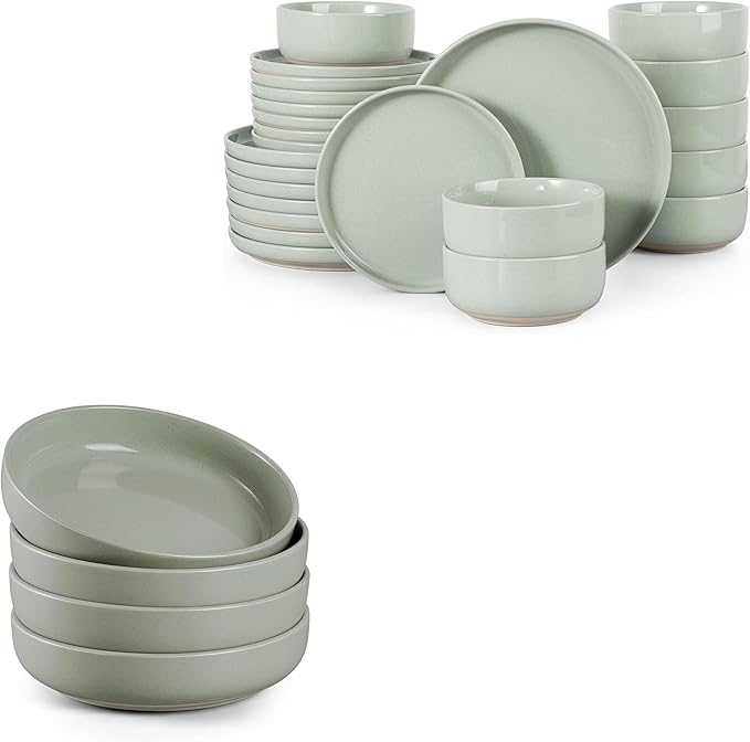 HaWare Dinnerware Sets 28 Pieces Stoneware Plates and Bowls Set Ceramic Dish Set for Home Restaurant Chip and Scratch Resistant Microwave &amp Dishwasher Safe Speckled Asparagus Green