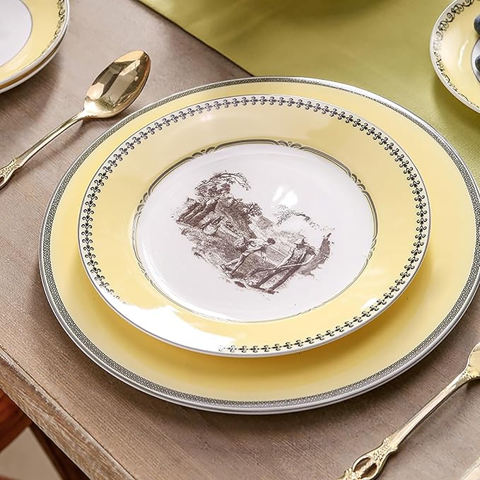 European court retro style Dinnerware Set Service for 6Afternoon tea Bone China Dinnerware SetsSteak Dinner Plates Dish Set (24Pcs)Freezer Safe Elegant Dining Plates VMKL