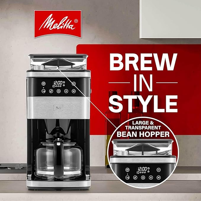 Melitta® Aroma Fresh™ Plus 10-Cup Automatic Drip Programmable Coffee Maker with built in Burr Coffee Grinder 5-Pack Coffee Filters included